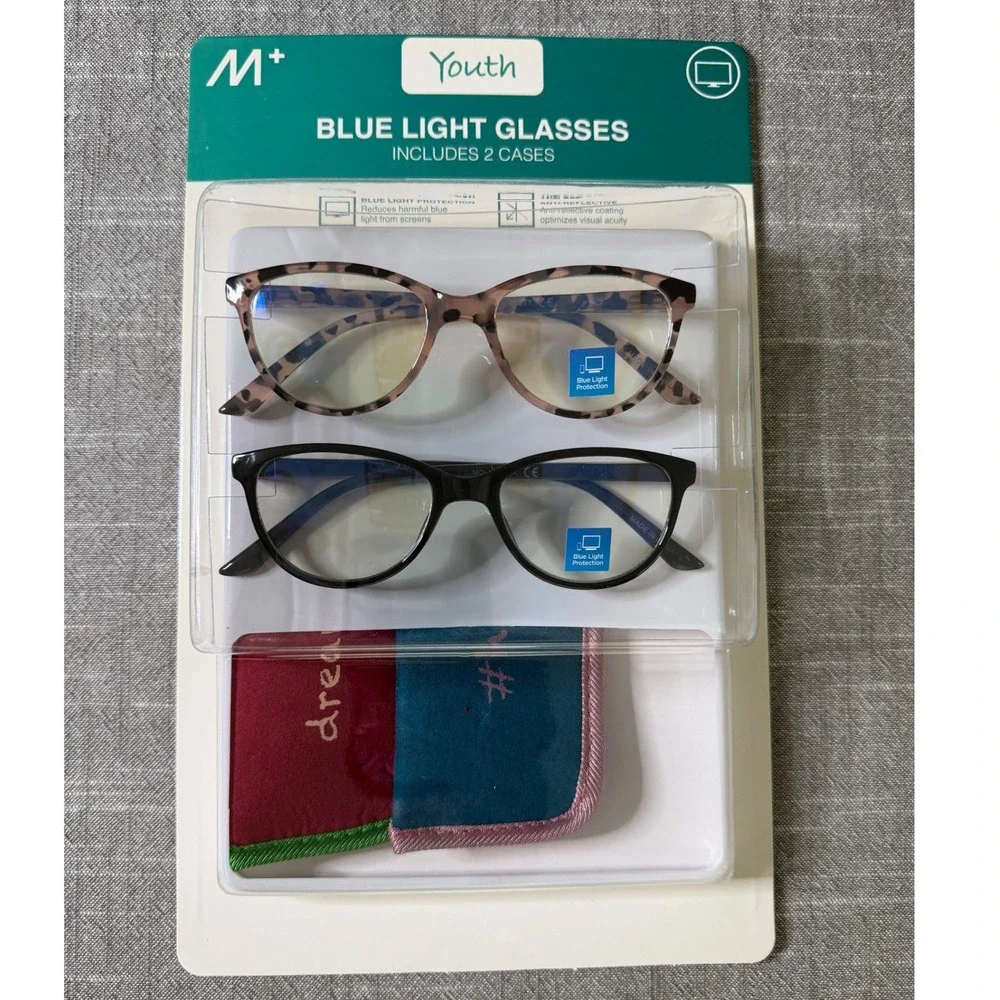 M+ Youth Blue Light Glasses‎ 2 Pack Black and Pink Tortoise Cat Eye NEW